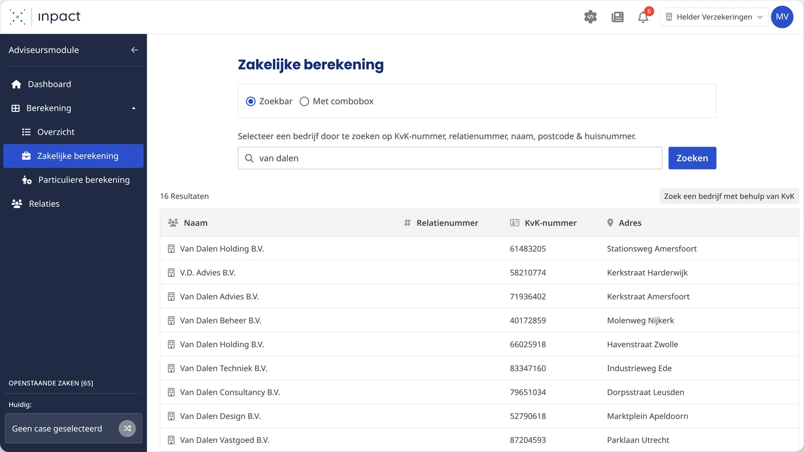 Scherm uit de Adviseurmodule: een zakelijke berekening starten door een bedrijf te zoeken op naam, KvK-nummer, relatienummer, postcode en huisnummer.