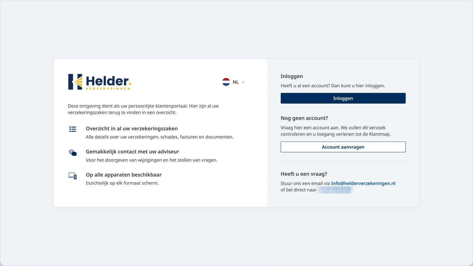Inlogscherm van de Klantmap met een overzicht van wat de klant er kan: al zijn verzekeringszaken, contact met de adviseur, op elk apparaat. Rechts inloggen of een account aanvragen.